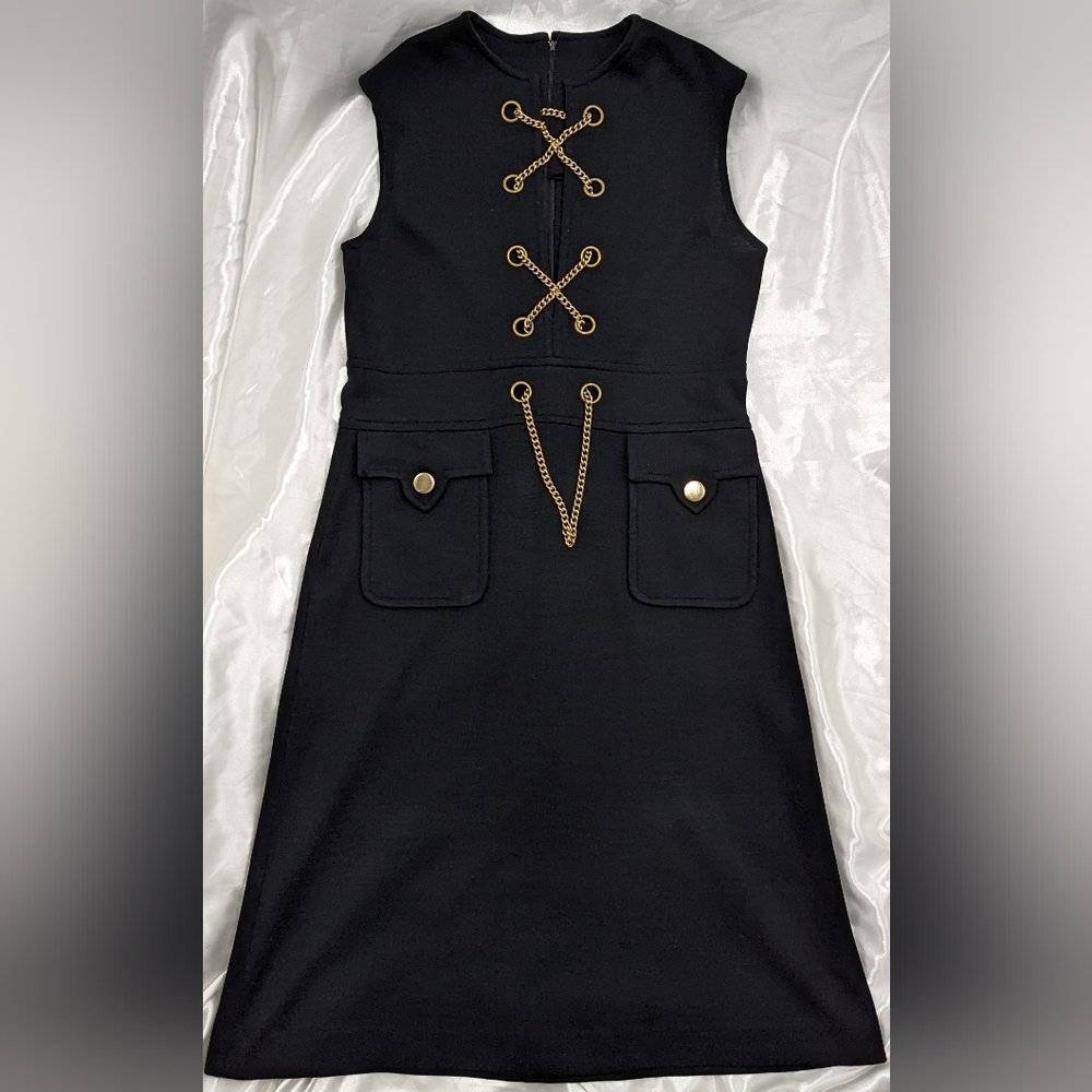 Women's XXL Deep Licorice Black 60's Knit Zip Up Shift Dress w/ Laced Gold Chain